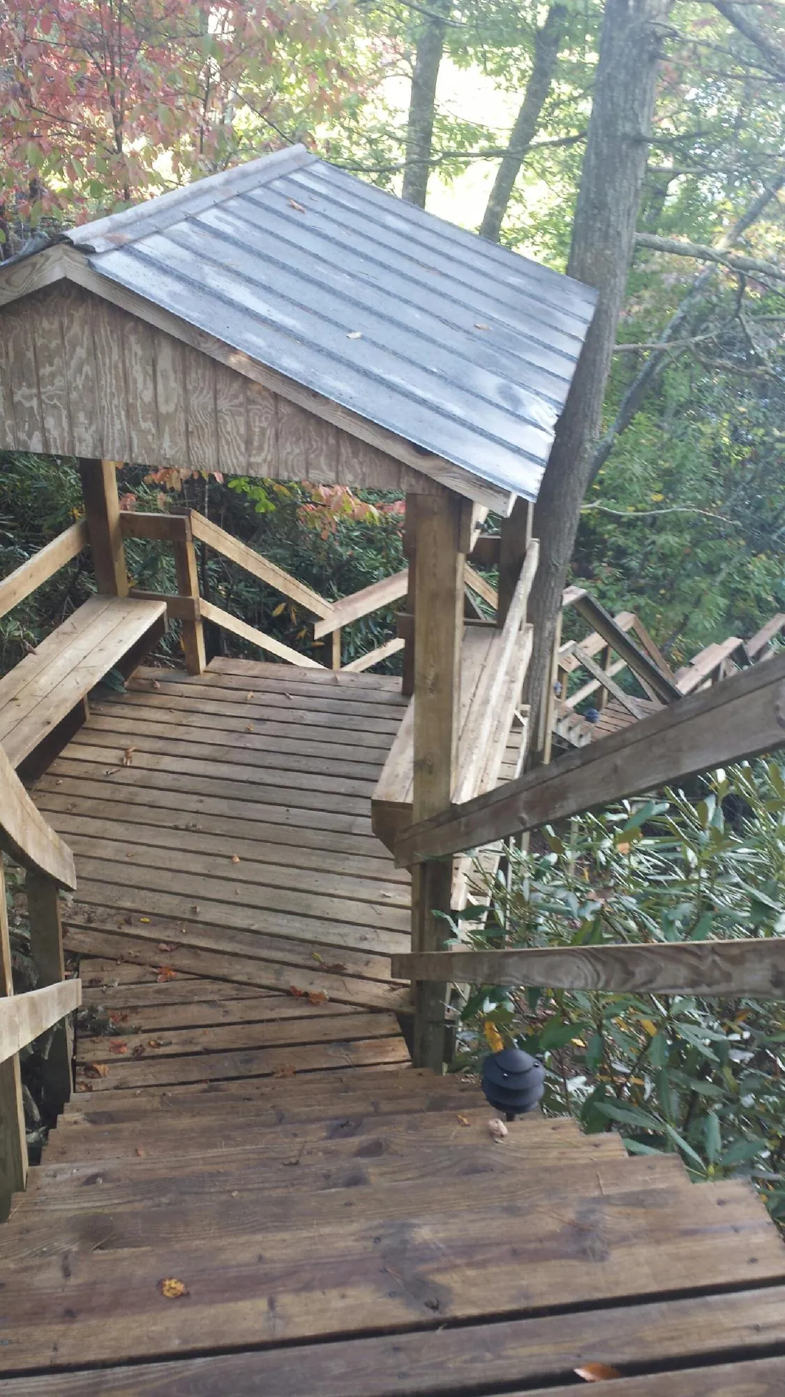Metal roofed shelter over wooden steps on a wooded walkway — Skylight Repair & Installation work by our crew in Coward